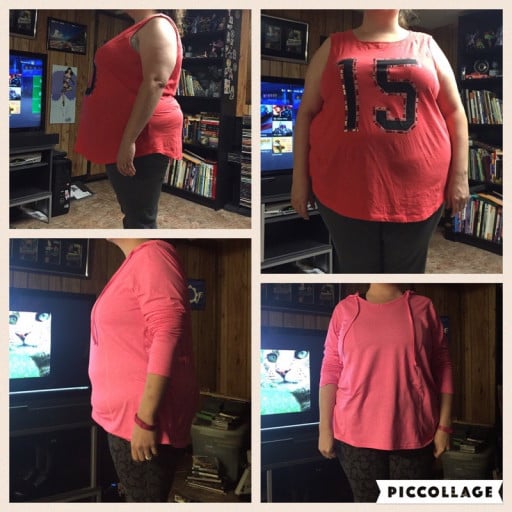 A before and after photo of a 5'4" female showing a weight reduction from 258 pounds to 197 pounds. A net loss of 61 pounds.