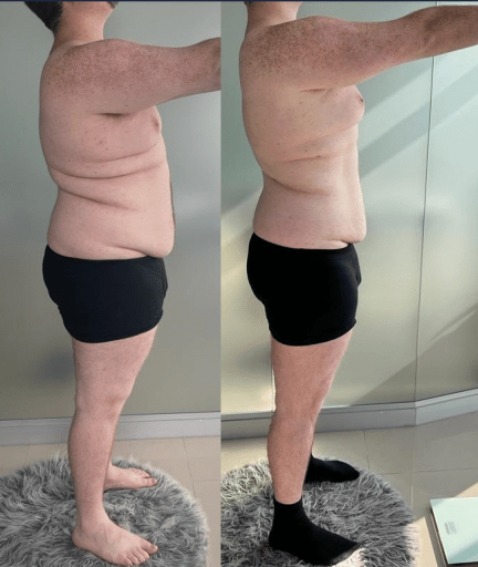 A before and after photo of a 5'11" male showing a weight reduction from 130 pounds to 109 pounds. A net loss of 21 pounds.