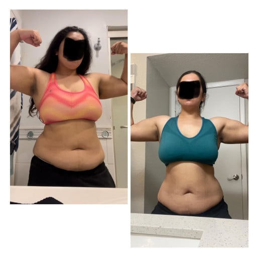 A before and after photo of a 5'4" female showing a weight reduction from 227 pounds to 200 pounds. A total loss of 27 pounds.