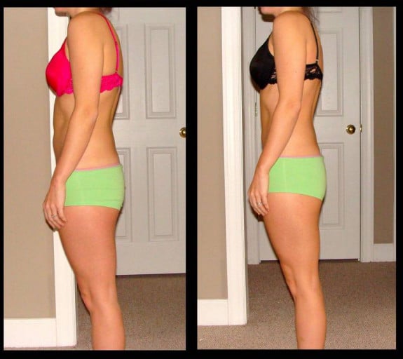 A before and after photo of a 5'2" female showing a fat loss from 128 pounds to 125 pounds. A net loss of 3 pounds.
