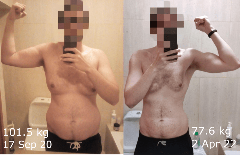 A progress pic of a 6'1" man showing a fat loss from 224 pounds to 171 pounds. A respectable loss of 53 pounds.