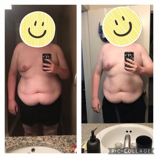 A before and after photo of a 6'5" male showing a weight reduction from 345 pounds to 300 pounds. A respectable loss of 45 pounds.