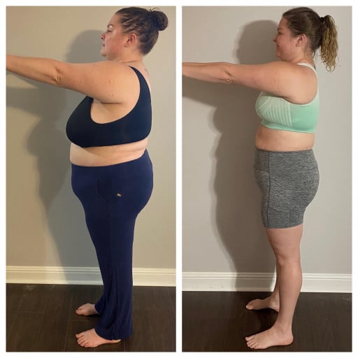 A progress pic of a 5'7" woman showing a fat loss from 260 pounds to 200 pounds. A net loss of 60 pounds.