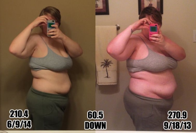 A progress pic of a 5'5" woman showing a weight reduction from 270 pounds to 210 pounds. A respectable loss of 60 pounds.