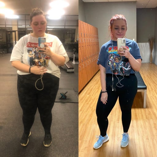 5 foot 4 Female Before and After 107 lbs Fat Loss 305 lbs to 198 lbs