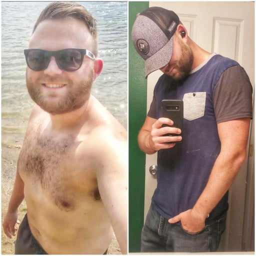A before and after photo of a 6'0" male showing a weight reduction from 220 pounds to 180 pounds. A total loss of 40 pounds.
