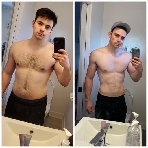 A before and after photo of a 5'11" male showing a weight reduction from 195 pounds to 170 pounds. A respectable loss of 25 pounds.