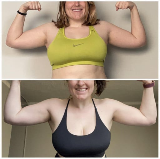 A progress pic of a 5'5" woman showing a fat loss from 189 pounds to 182 pounds. A net loss of 7 pounds.