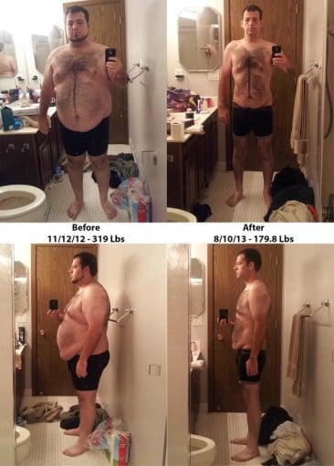 A progress pic of a 5'10" man showing a weight loss from 320 pounds to 180 pounds. A net loss of 140 pounds.