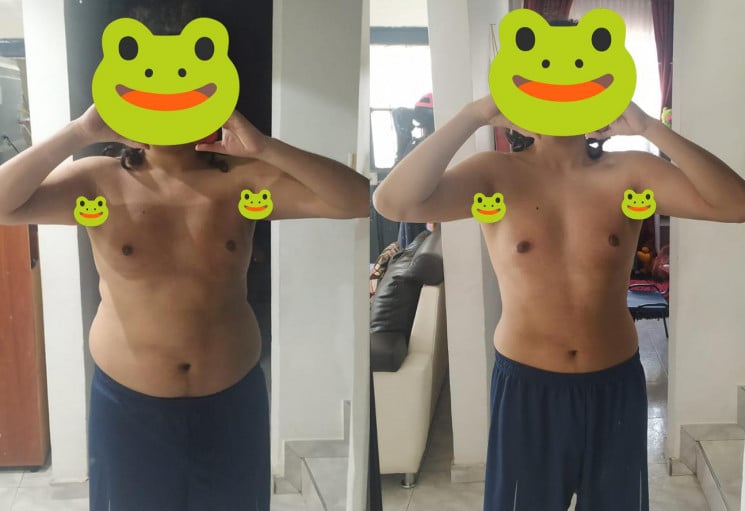 A before and after photo of a 5'10" male showing a weight reduction from 203 pounds to 165 pounds. A net loss of 38 pounds.