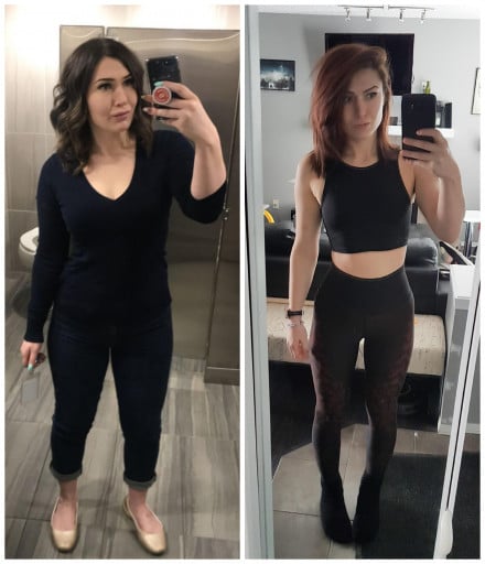 A photo of a 5'7" woman showing a weight cut from 173 pounds to 132 pounds. A net loss of 41 pounds.