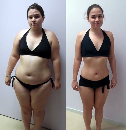 A photo of a 5'3" woman showing a weight reduction from 221 pounds to 134 pounds. A total loss of 87 pounds.