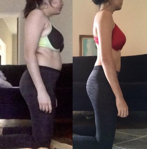 A photo of a 5'5" woman showing a weight cut from 145 pounds to 117 pounds. A total loss of 28 pounds.