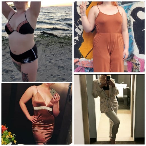 A progress pic of a 5'5" woman showing a fat loss from 200 pounds to 150 pounds. A total loss of 50 pounds.