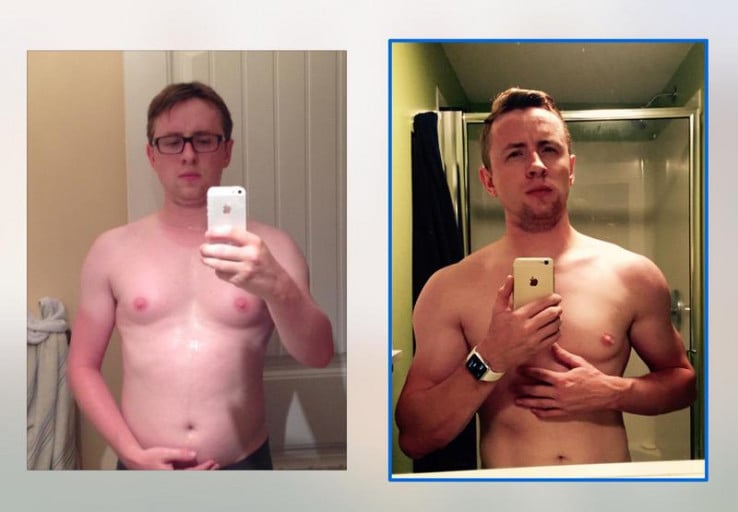 A progress pic of a 5'8" man showing a fat loss from 160 pounds to 152 pounds. A respectable loss of 8 pounds.