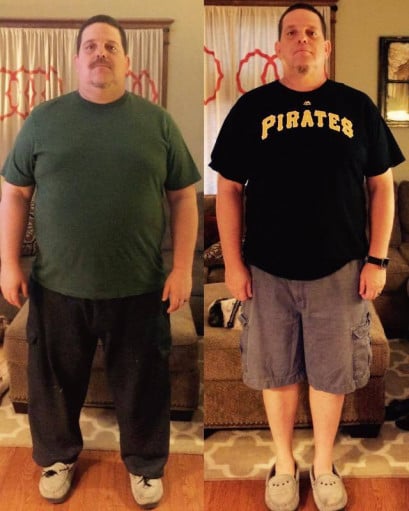 A photo of a 6'2" man showing a weight cut from 357 pounds to 276 pounds. A total loss of 81 pounds.