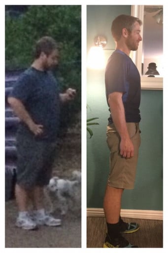 A progress pic of a 5'6" man showing a fat loss from 215 pounds to 145 pounds. A net loss of 70 pounds.