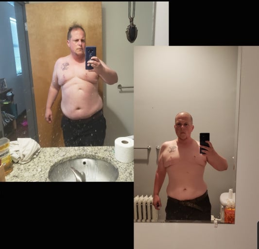 A progress pic of a 5'8" man showing a fat loss from 239 pounds to 192 pounds. A net loss of 47 pounds.
