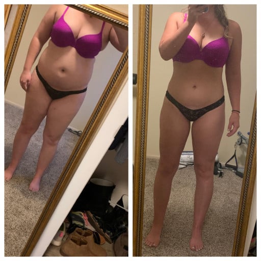 A progress pic of a 5'1" woman showing a fat loss from 189 pounds to 138 pounds. A net loss of 51 pounds.