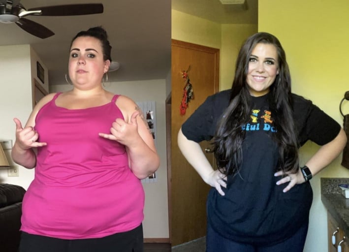A picture of a 5'7" female showing a weight loss from 355 pounds to 260 pounds. A total loss of 95 pounds.