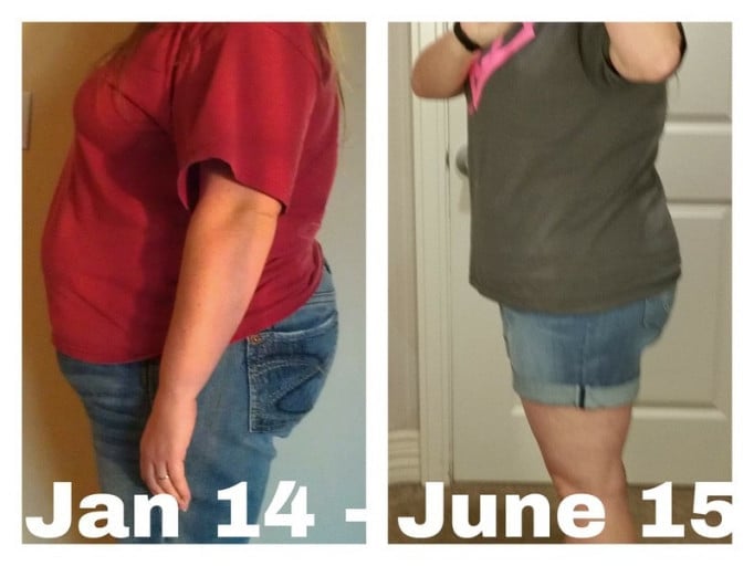 A progress pic of a 5'8" woman showing a fat loss from 305 pounds to 240 pounds. A net loss of 65 pounds.