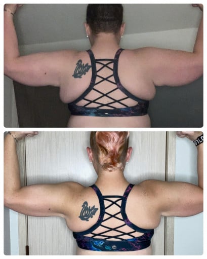 A before and after photo of a 5'7" female showing a weight reduction from 225 pounds to 190 pounds. A net loss of 35 pounds.