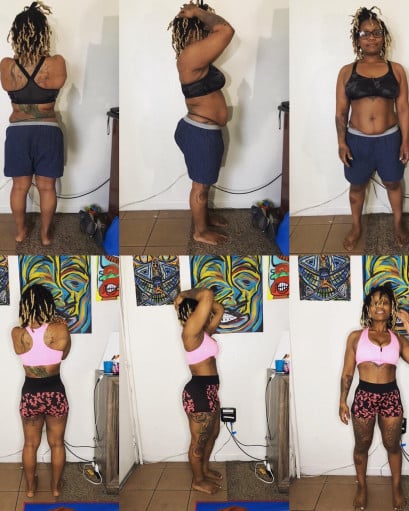 A before and after photo of a 4'11" female showing a weight reduction from 170 pounds to 139 pounds. A net loss of 31 pounds.