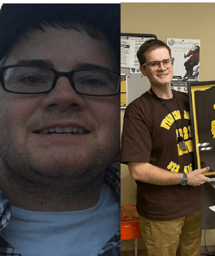 A before and after photo of a 6'0" male showing a weight reduction from 333 pounds to 169 pounds. A total loss of 164 pounds.