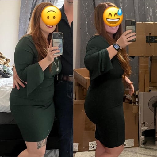 A before and after photo of a 5'1" female showing a weight reduction from 161 pounds to 149 pounds. A net loss of 12 pounds.