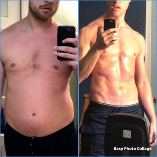 A progress pic of a 6'2" man showing a fat loss from 215 pounds to 175 pounds. A total loss of 40 pounds.