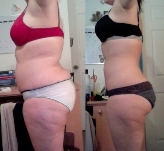 A progress pic of a 5'6" woman showing a fat loss from 200 pounds to 164 pounds. A respectable loss of 36 pounds.