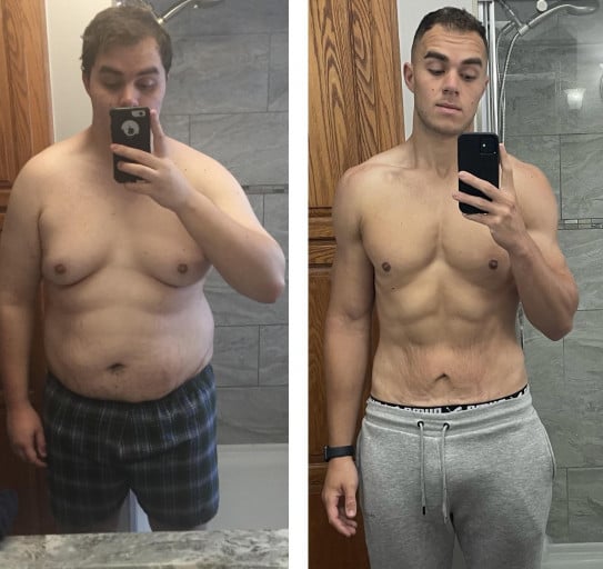 A photo of a 6'2" man showing a weight cut from 305 pounds to 200 pounds. A net loss of 105 pounds.