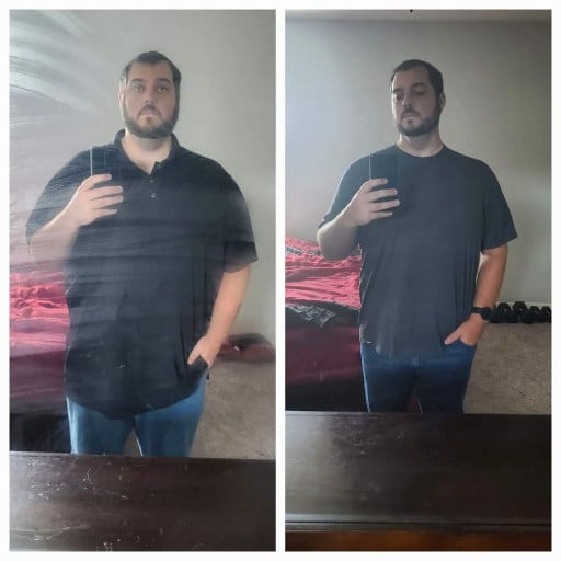 A before and after photo of a 6'1" male showing a weight reduction from 329 pounds to 276 pounds. A respectable loss of 53 pounds.