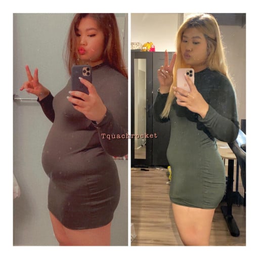 A before and after photo of a 5'5" female showing a weight reduction from 220 pounds to 175 pounds. A respectable loss of 45 pounds.