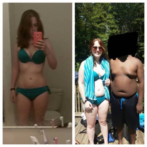 A progress pic of a 5'9" woman showing a fat loss from 160 pounds to 141 pounds. A respectable loss of 19 pounds.