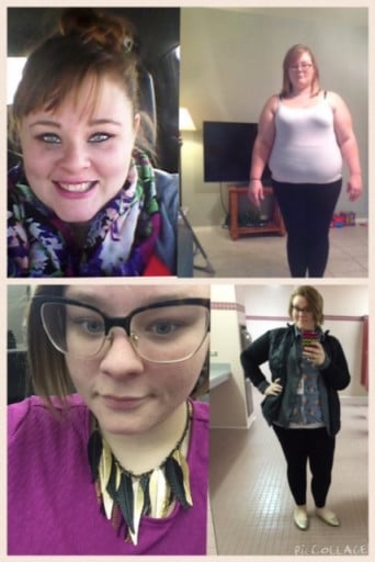A progress pic of a 5'5" woman showing a fat loss from 315 pounds to 235 pounds. A respectable loss of 80 pounds.