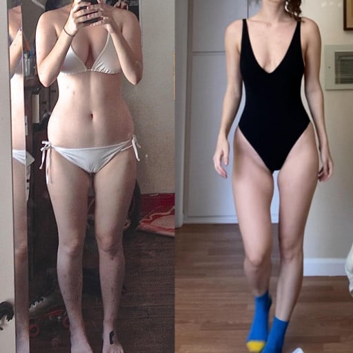 A photo of a 5'7" woman showing a weight cut from 152 pounds to 124 pounds. A respectable loss of 28 pounds.