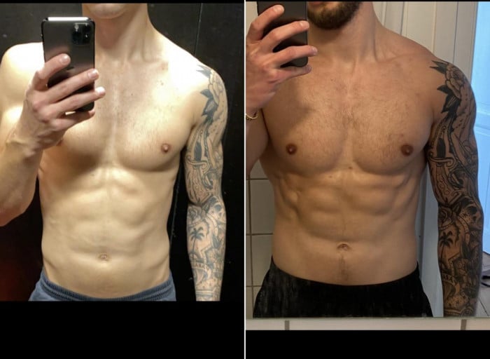 A before and after photo of a 5'8" male showing a weight bulk from 140 pounds to 151 pounds. A net gain of 11 pounds.