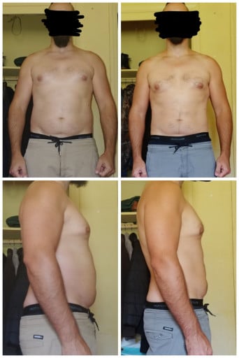 A before and after photo of a 5'9" male showing a weight reduction from 197 pounds to 187 pounds. A respectable loss of 10 pounds.
