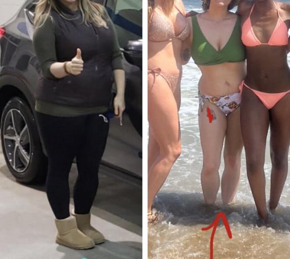 A progress pic of a 5'4" woman showing a fat loss from 215 pounds to 146 pounds. A respectable loss of 69 pounds.