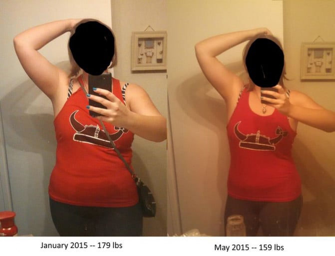 A picture of a 5'6" female showing a fat loss from 179 pounds to 159 pounds. A net loss of 20 pounds.