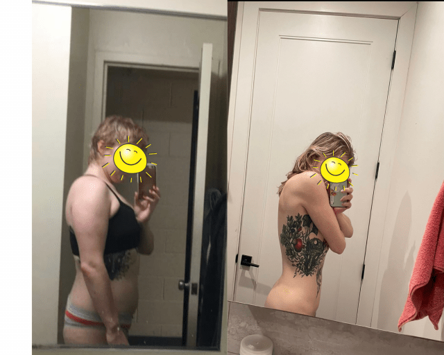 5 foot 9 Female Before and After 30 lbs Fat Loss 185 lbs to 155 lbs