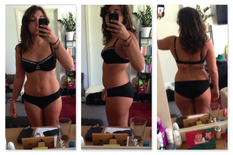 A before and after photo of a 5'2" female showing a fat loss from 148 pounds to 132 pounds. A net loss of 16 pounds.