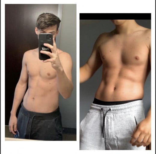 A progress pic of a 5'10" man showing a weight bulk from 157 pounds to 175 pounds. A net gain of 18 pounds.