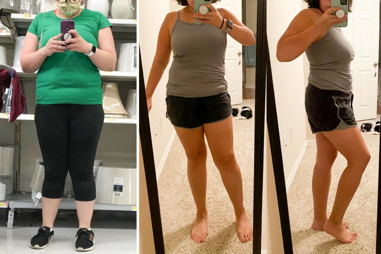 A progress pic of a 5'3" woman showing a fat loss from 192 pounds to 150 pounds. A net loss of 42 pounds.