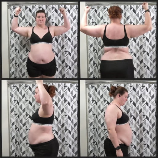 A progress pic of a 5'7" woman showing a fat loss from 257 pounds to 252 pounds. A respectable loss of 5 pounds.