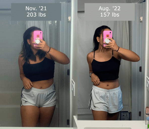 A progress pic of a 5'8" woman showing a fat loss from 203 pounds to 157 pounds. A net loss of 46 pounds.