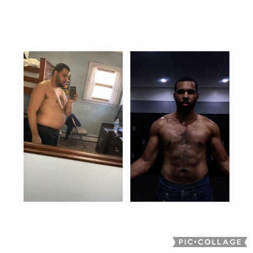A progress pic of a 5'7" man showing a fat loss from 230 pounds to 160 pounds. A total loss of 70 pounds.