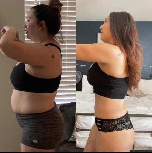 A progress pic of a 5'1" woman showing a fat loss from 190 pounds to 139 pounds. A respectable loss of 51 pounds.