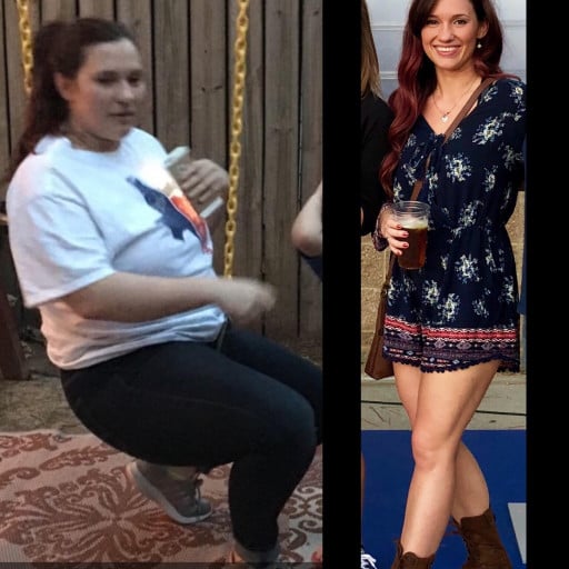 A progress pic of a 5'8" woman showing a fat loss from 250 pounds to 165 pounds. A net loss of 85 pounds.